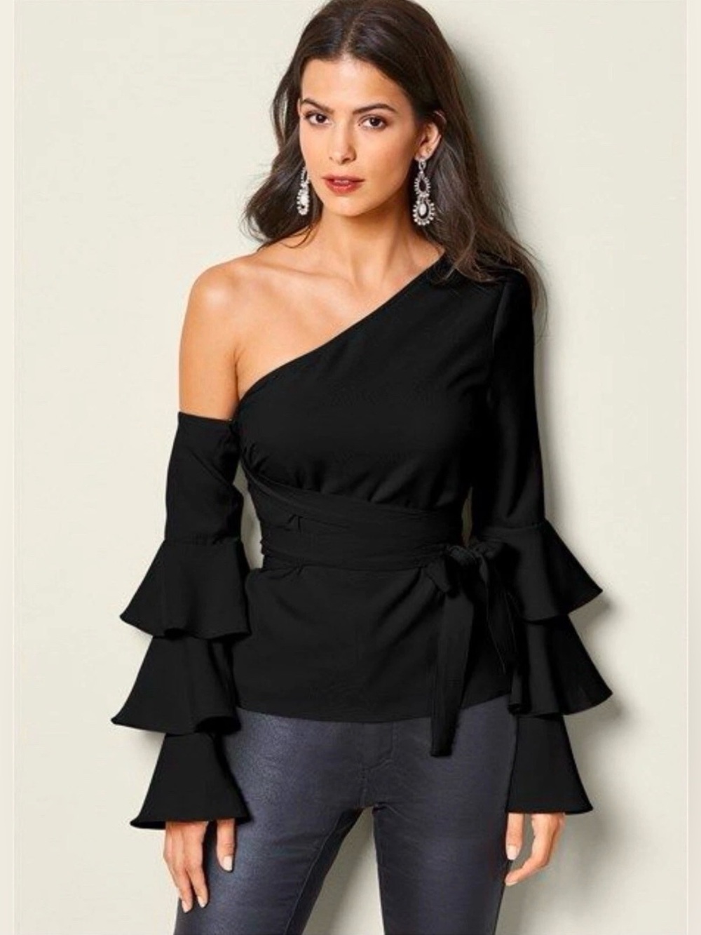 VENUS One Shoulder , Tiered Ruffle Sleeves Belted Blouse |Size 6 - Picture 3 of 9